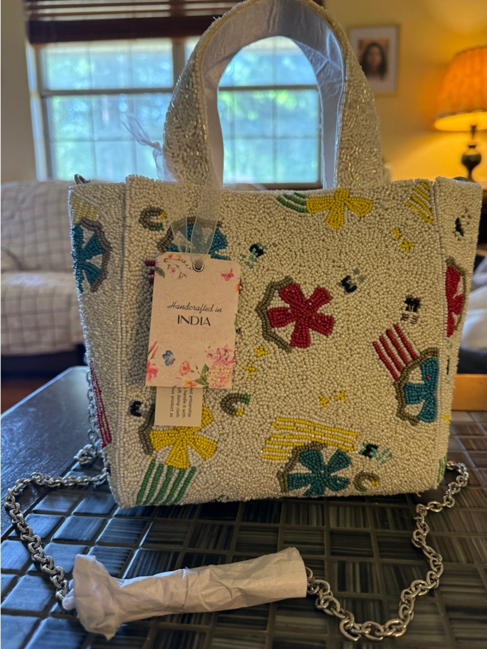 HANDCRAFTED IN INDIA White Beaded Tote Bag Featuring Playful Summer-like Motifs